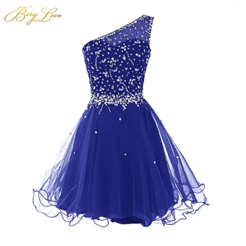 Berylove Ühe Õla Koju Kleit 2020 Royal Blue Mini Kristallid Beaded Tülli Lühike Tüdruk Kleit Tanssiaiset Kleit Mini Pool Kleit