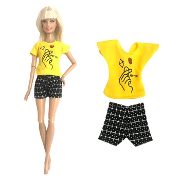 NK Ametlik 1 Tk Fashion Doll Riided Päev vabaajarõivaste Kollane Särk+ Mustad Püksid, lühikesed Püksid Barbie Nukk Accessorie