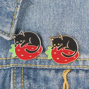 Puu-Maasika Kass Emailiga Sõrmed Must Kass, Prossid Kitty Märgid Prossid Naiste Armas Kawaii Rinnamikrofon Pin-Ehted Kingitus Naistele