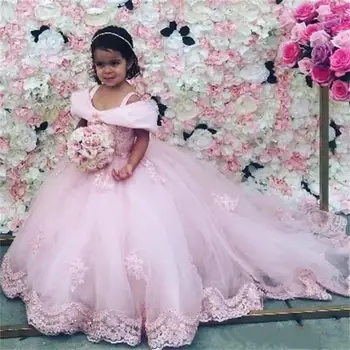 Põsepuna Pink Vähe Lapsi Pits Ehitud Flower Girl Kleidid Appliques Maha Õla Tülli Pall Kleit Kleit