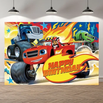 Cartoon Suur Veoauto Rataste Autodele Poisid Sünnipäeva Tausta Lauk Koletised Masin Teema Fotograafia Taustaga Kohandatud Vinüül 0