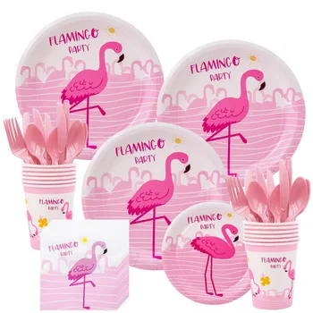 Roosa Flamingo Tüdruk sünnipäeva Teenetemärkide Ühekordsed Nõud Paber-Plater Cup Laudlina Tüdrukute Poole Asjade decor 1