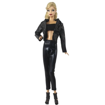 Must Nahk Nuku Riiete Komplekt Barbie Riided Fashion Mantel, Jope Peal Pingul Püksid, Kingad Barbie 1/6 Nukud, Aksessuaarid, Mänguasjad 1