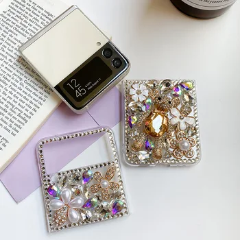 Luksus Bling Rhinestone Karu Lill Selge Raske PC Phone Case For Samsung Galaxy Z Flip 3 5G DIY Teemant Kate Z Flip 4 1
