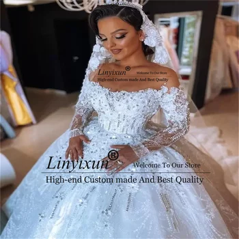 Luxury Crystal Ball Kleit Pulm Kleit Bateau Kaela Glitter Helmed Pits Appliques Pruudi Hommikumantlid Printsess Dubai Vestido de Novia 1