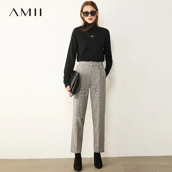 AMII Minimalism Sügisel Vintage Naiste Püksid Mood Kõrge Wasit Ruuduline Sirge Ankel-pikkus Naiste Püksid 12070441 1