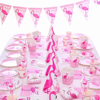 Roosa Flamingo Tüdruk sünnipäeva Teenetemärkide Ühekordsed Nõud Paber-Plater Cup Laudlina Tüdrukute Poole Asjade decor 2
