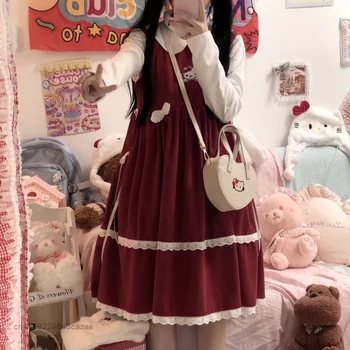 Sanrio Hello Kitty Punane Jõulud Retro Kleit Armas Tüdruk Armas Kleit Stiilne Sügis-Talv Velvetist Rihm Seelik Seelik Vest Naistele 2