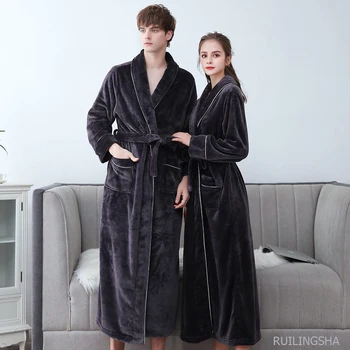 Pluss Suurus 3XL Mehed Rüü Talv Pehme Lapp Kimono Kleit Armastavad Ultra Suur Pikk Hommikumantel Nightwear Paks Soe Naiste Sleepwear 2