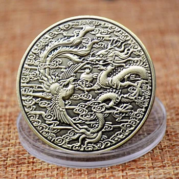 Hiina Draakon Õnnelik Mündi Vana Phoenix Copper Käsitöö Laekuva Mündid Suveniirid Mälestus Märk Kingitus Sõbrale 2
