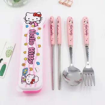 Sanrioed Anime Perifeerne Hello Kittys Roostevabast Terasest Lusikas-Kahvel Söögipulgad Kaasaskantav Komplekt Kawaii Laste Toidunõude Komplekt Kingitus 2