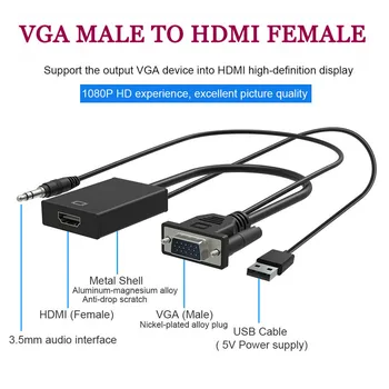 VGA To HDMI Adapter Väljund 1080P VGA Male to HDMI Female Audio-Video Kaabel Converter HDTV Sülearvuti Projektoriga 3