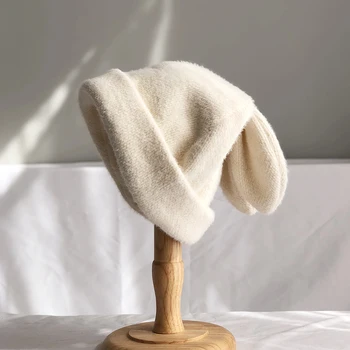 Draping küüliku kõrvad küüliku karusnahast müts naiste sügisel ja talvel kootud villane müts talvel soe korea versiooni Jaapani müts mütsid 3