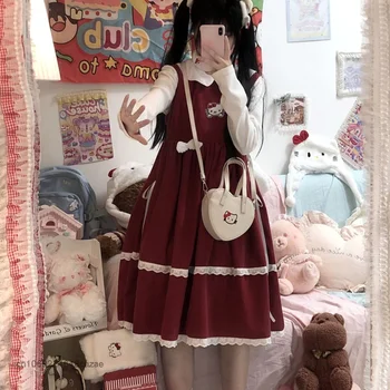 Sanrio Hello Kitty Punane Jõulud Retro Kleit Armas Tüdruk Armas Kleit Stiilne Sügis-Talv Velvetist Rihm Seelik Seelik Vest Naistele 3