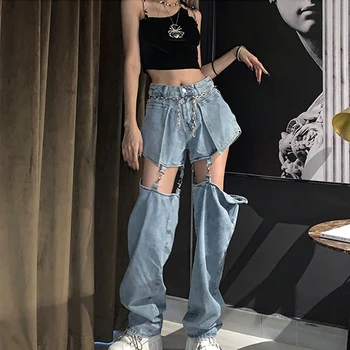 Uus Hip-hop Denim Teksad Naistele keti Püksid Metallist Pannal Katki Lõigatud Trendikad Püksid Split Naiste Kõrge Vöökoht Hipi Streetwear 3