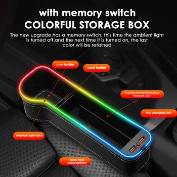 Dual USB-Laadimine Auto Pragu Ladustamise Kasti Värviline LED Istme Pilu, Lõhe Püüdja Tasku Istme Abimees Kaardi Telefoni Pudel Tassi Omanik 3