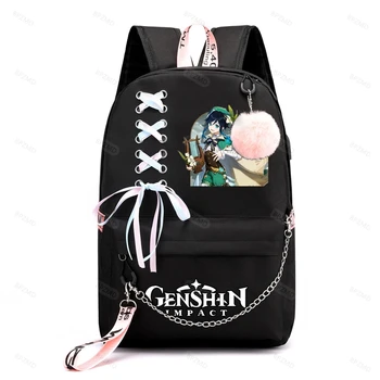 Mäng Genshin tausta Mõju üliõpilaste seljakott poiss tüdruk kool kott laste kooli kott, USB Seljakotid jaoks Teismelised 4