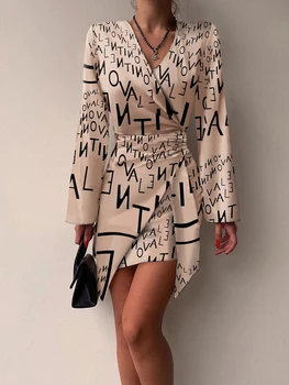 Kevad-Sügis Vintage Trükitud Slim Mini Kleit Naiste Mood V-Kaelus Pikk Varrukas Pool Kleit Lady Elegantne Office Wrap Lühike Kleit 4