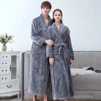 Pluss Suurus 3XL Mehed Rüü Talv Pehme Lapp Kimono Kleit Armastavad Ultra Suur Pikk Hommikumantel Nightwear Paks Soe Naiste Sleepwear 4