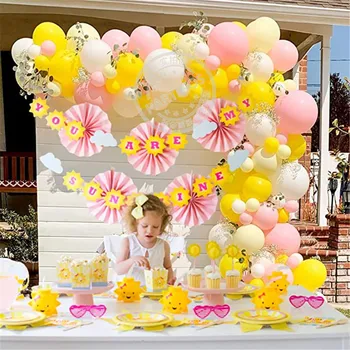 132pcs Roosa Kollane Valge Õhupall Vanik Arch jaoks Limonaadi Tüdrukud Esimest Sünnipäeva Sa oled mu Sunshine Kids Baby Shower Pool Decor 4