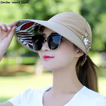 Päike Mütsid Naistele Visiirid Müts Kalapüügi Fisher Beach Müts UV Kaitse Kork Must Casual Naiste Suve Mütsid Hobusesaba, Lai Nokk Müts 4