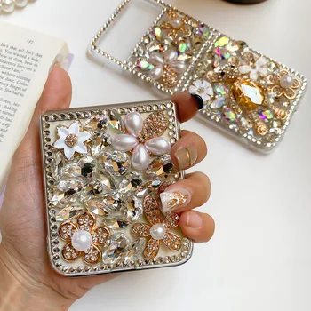 Luksus Bling Rhinestone Karu Lill Selge Raske PC Phone Case For Samsung Galaxy Z Flip 3 5G DIY Teemant Kate Z Flip 4 5