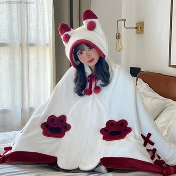 Armas Anime Fox Varjatud Pidžaama Y2k Kawaii Cartoon Coral Velvet Sleepwear Naiste Sügis-Talv-Valge, Must -, Plüüš-Tekk Cape Paar 5